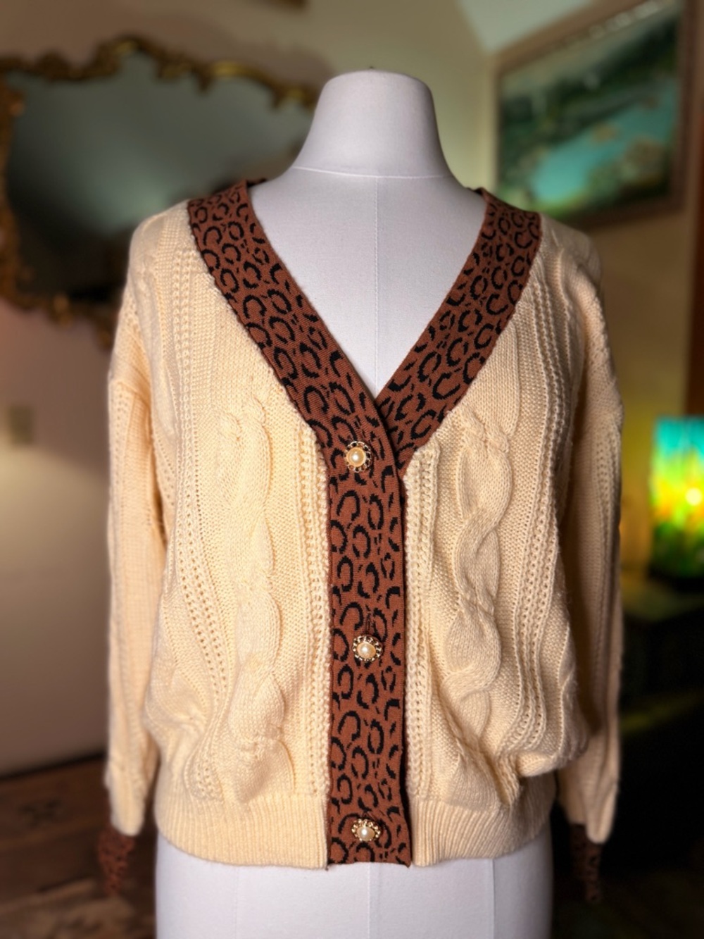 Cream Cable Knit Cardigan with Leopard sweater knit Trim